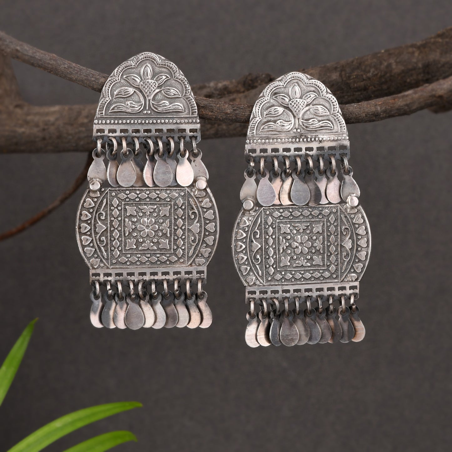 Floral Mandala Silver Jhumka Earrings