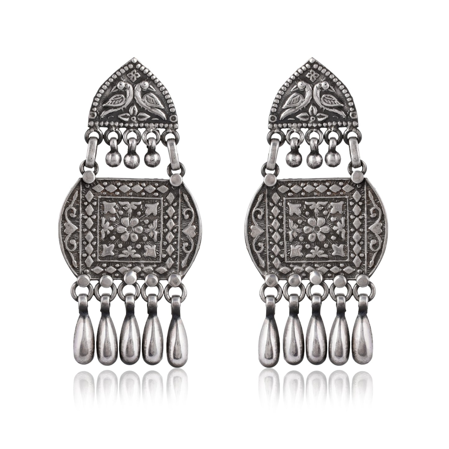 Silver Bird & Bloom Mandala Drop Earrings