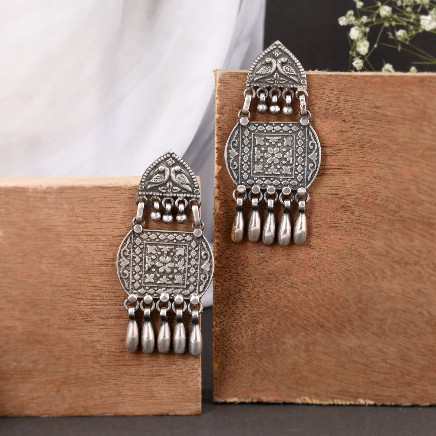 Silver Bird & Bloom Mandala Drop Earrings