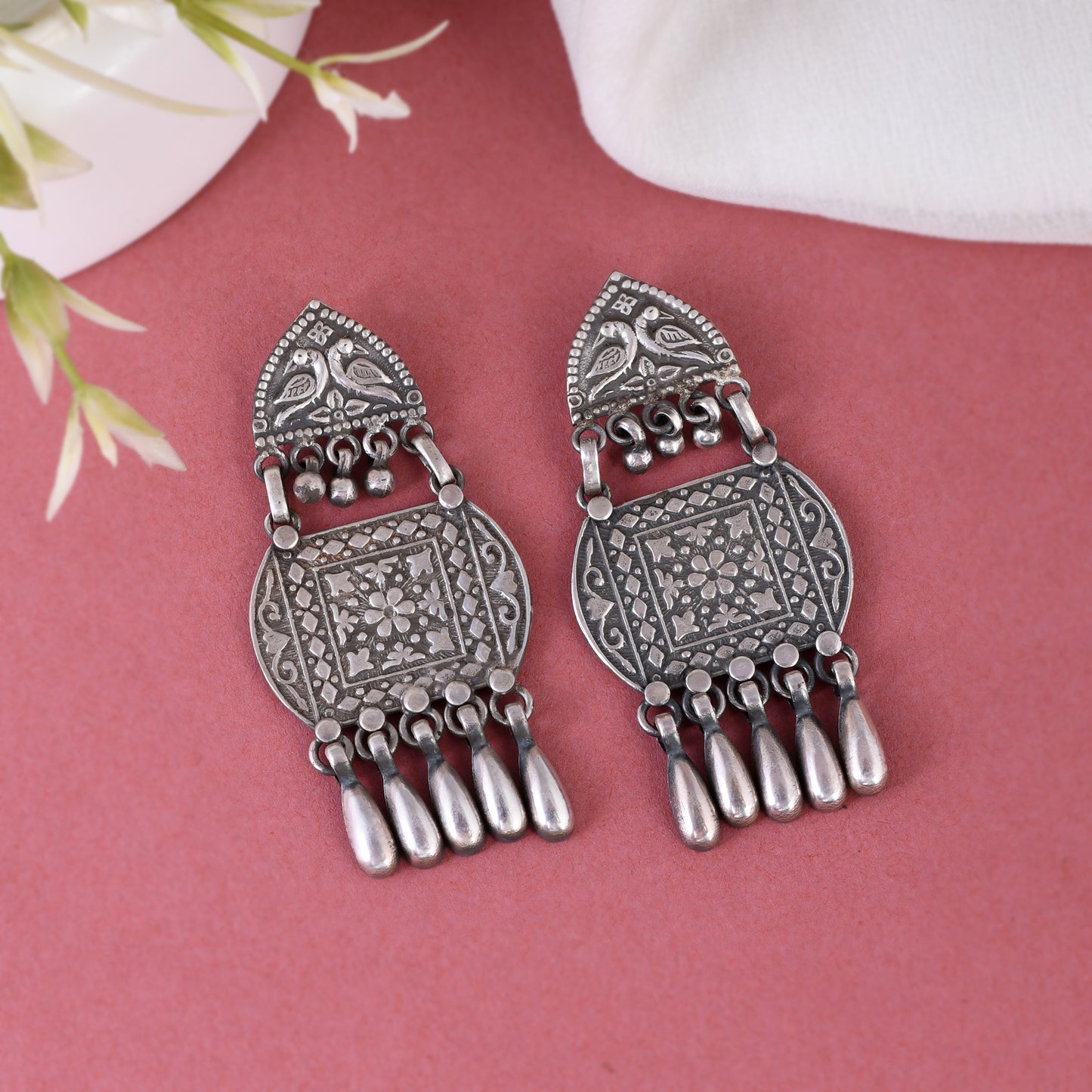 Silver Bird & Bloom Mandala Drop Earrings