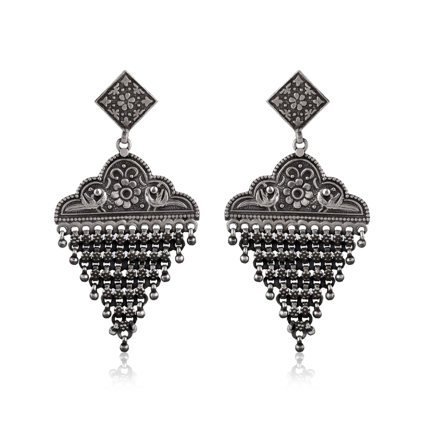 Silver Twin Bird Bloom Jhumka Earrings