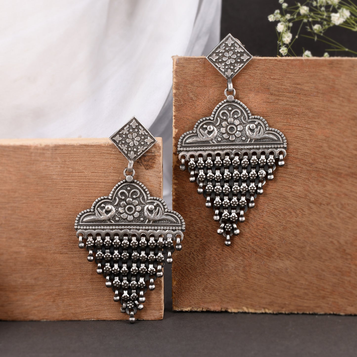 Silver Twin Bird Bloom Jhumka Earrings