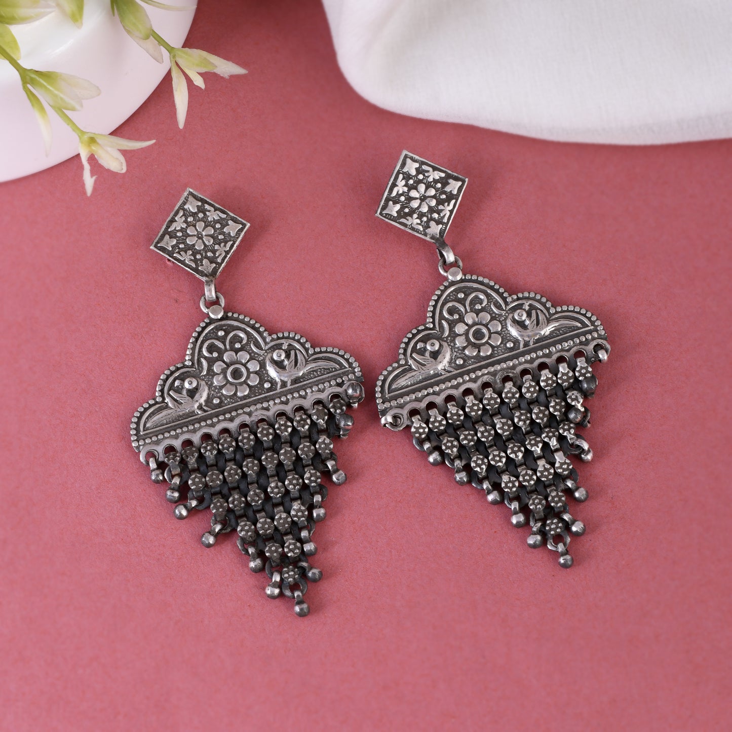 Silver Twin Bird Bloom Jhumka Earrings