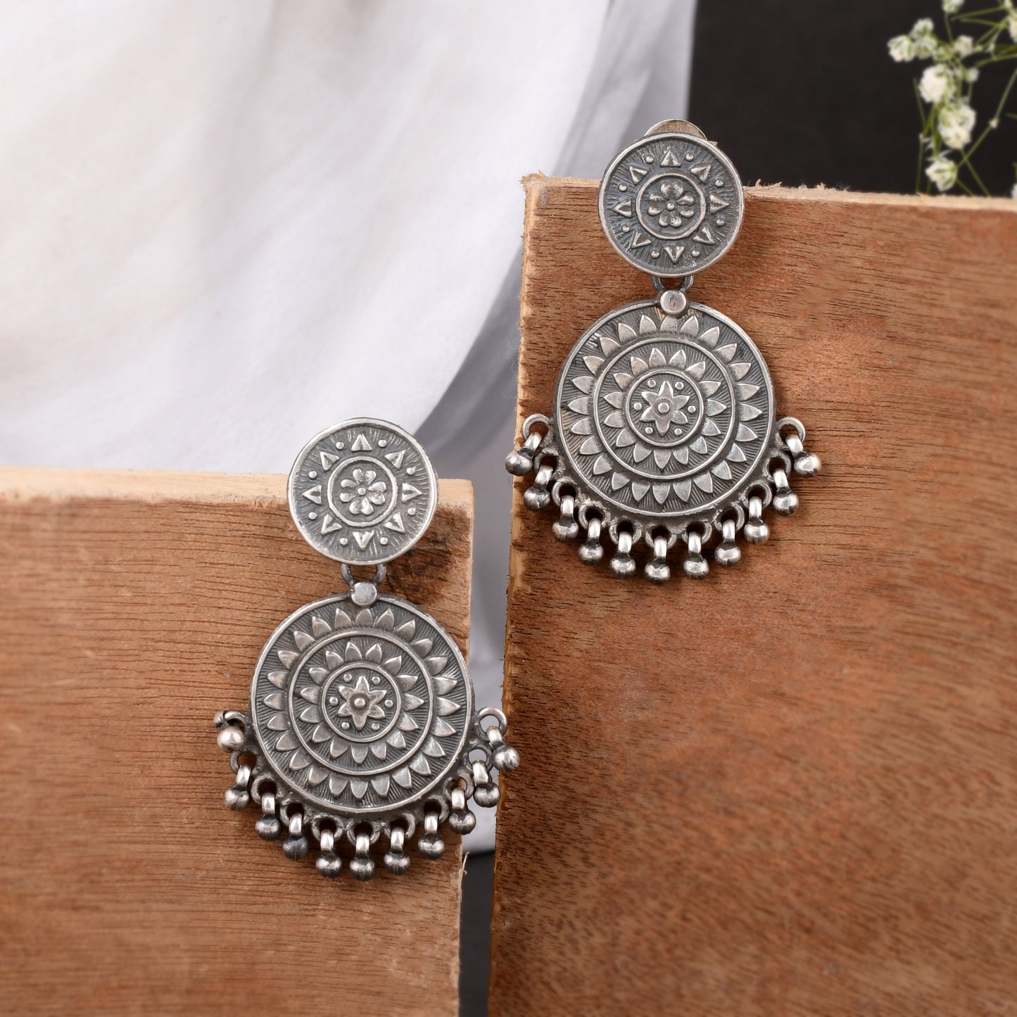 Silver Chakra Phool Drop Earrings