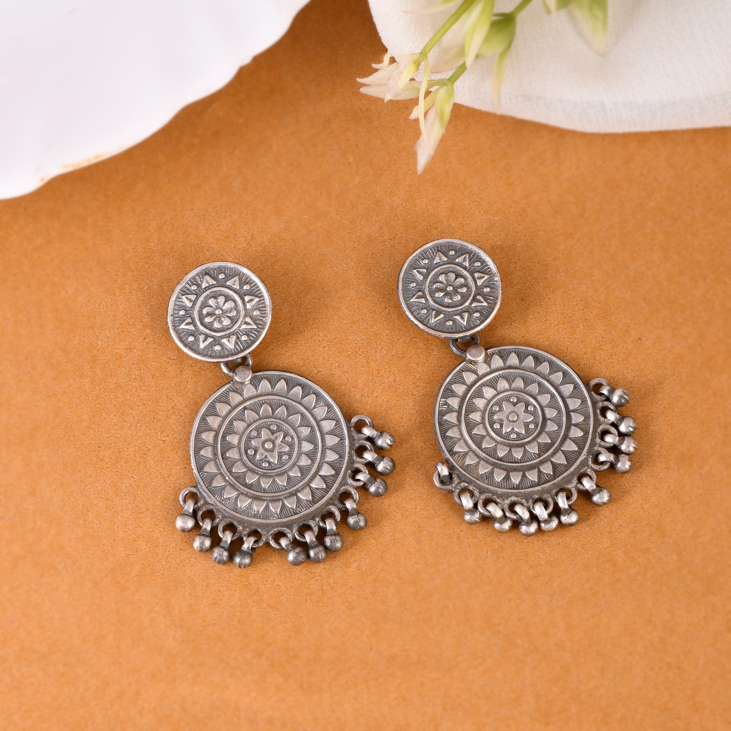 Silver Chakra Phool Drop Earrings