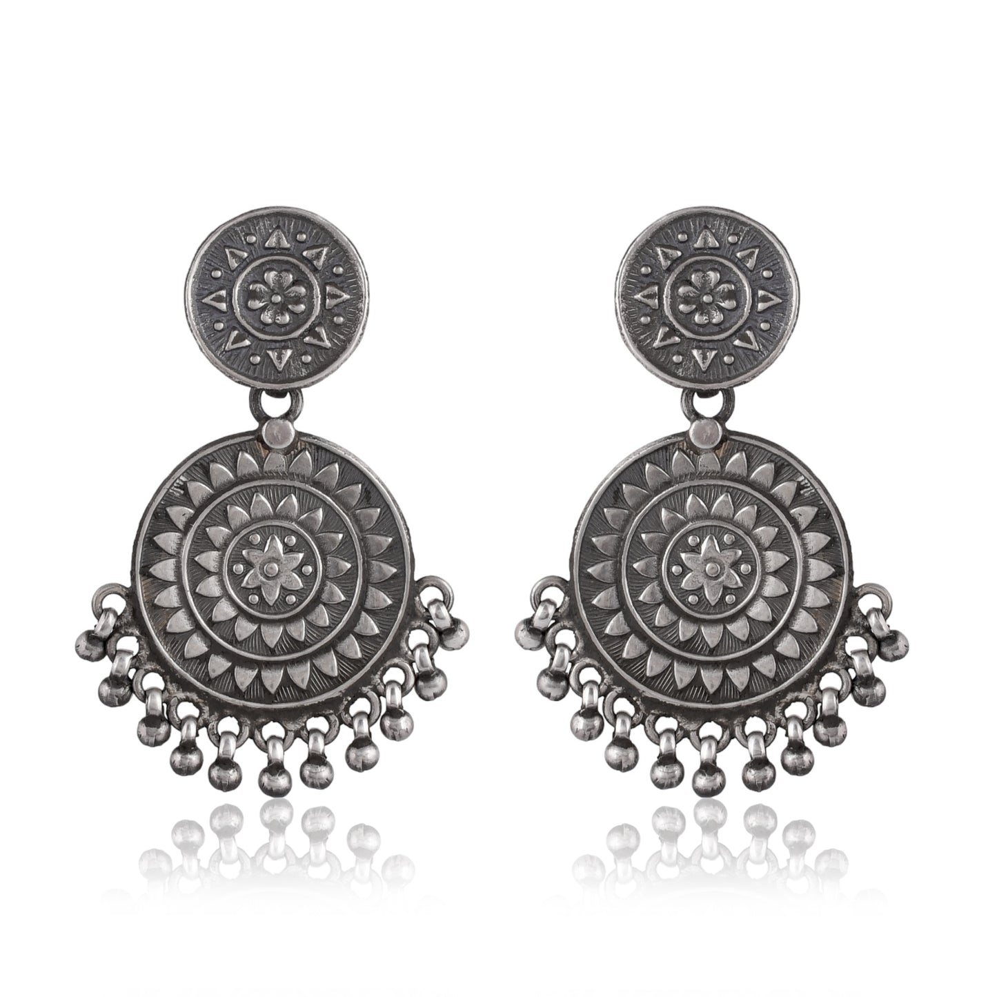Silver Chakra Phool Drop Earrings