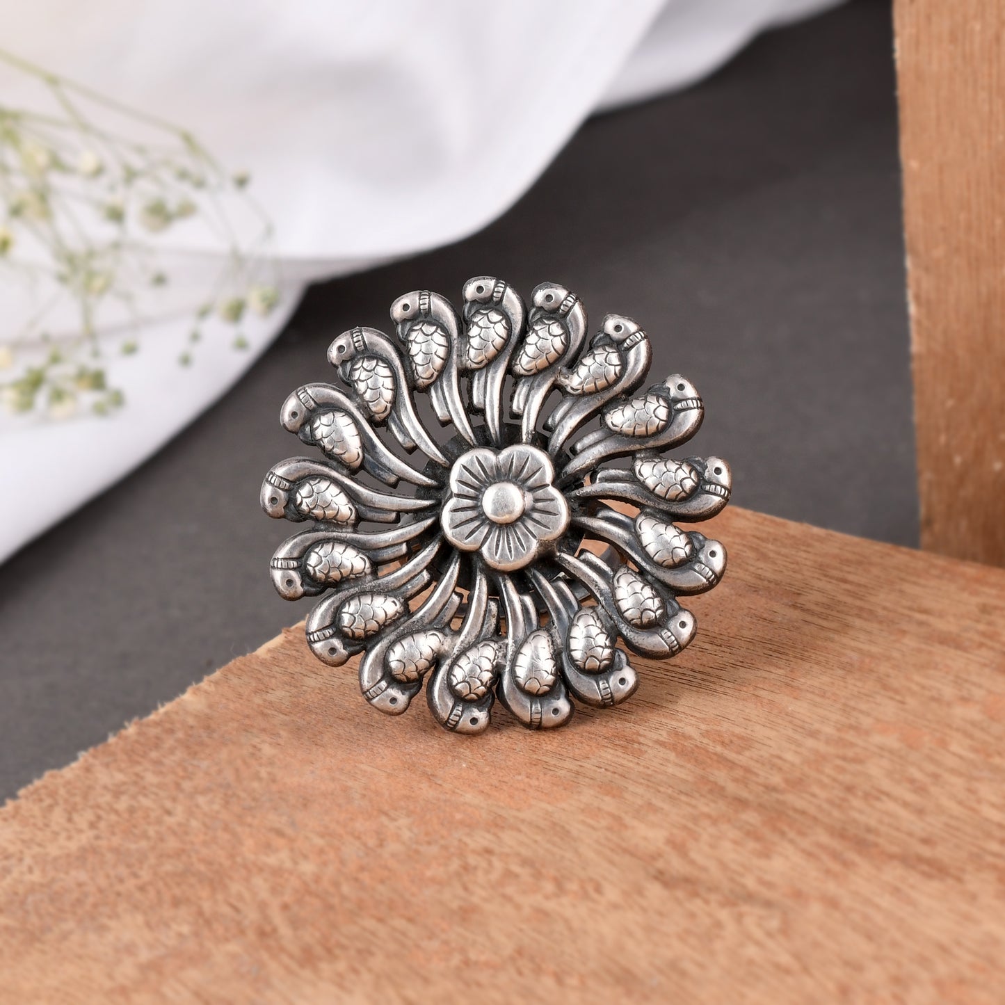 Silver Parrot Flower Ring