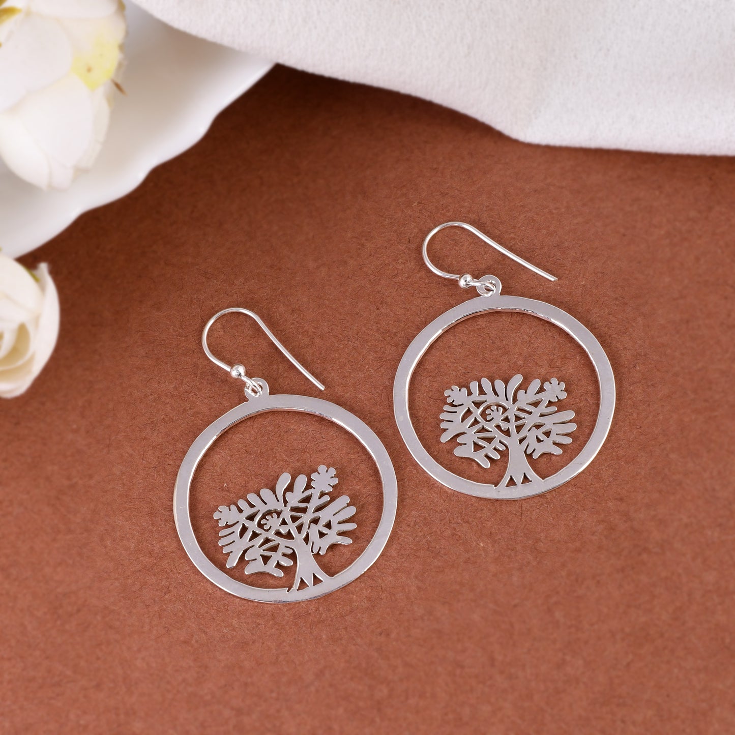 Silver Tree Hoop Dangle Earrings