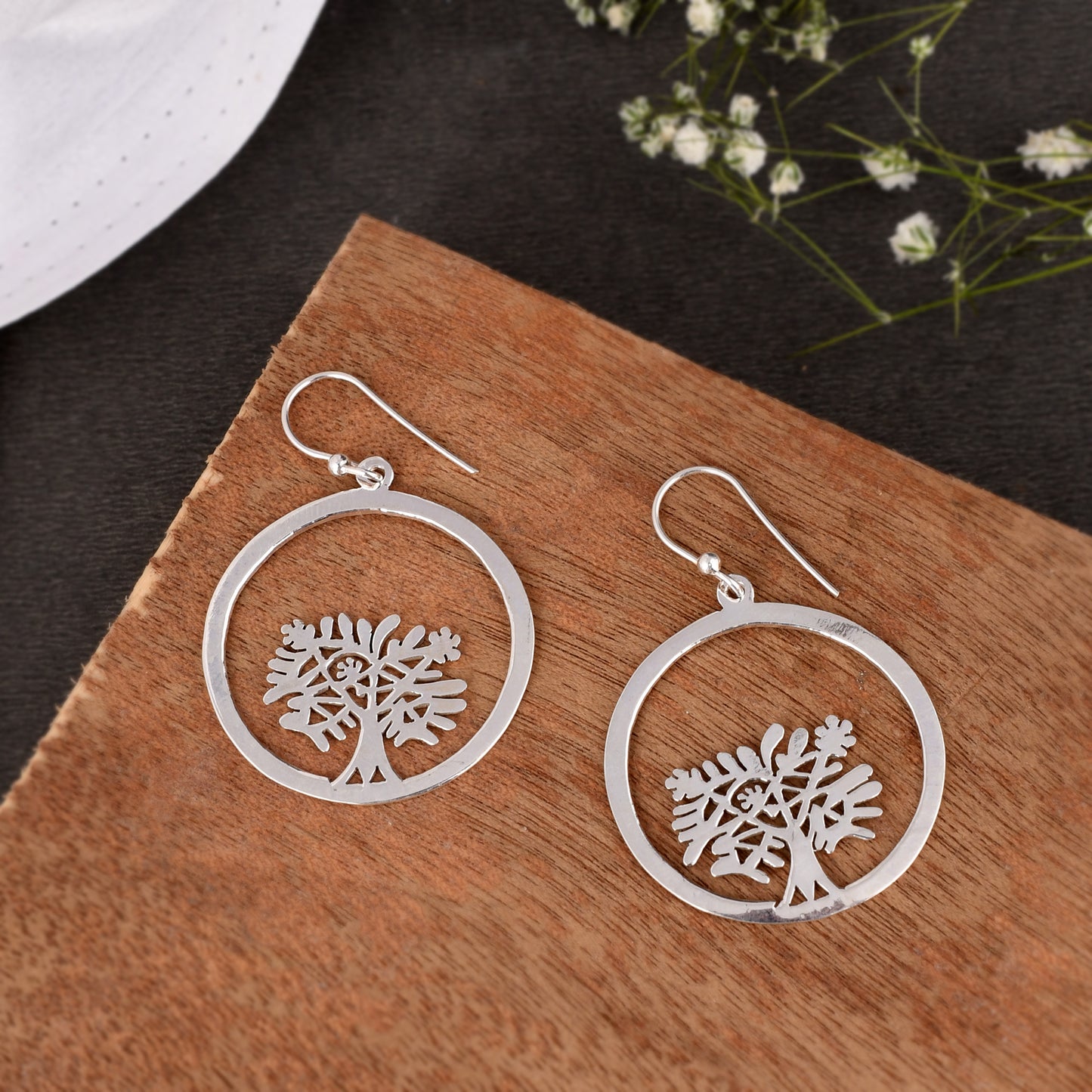 Silver Tree Hoop Dangle Earrings