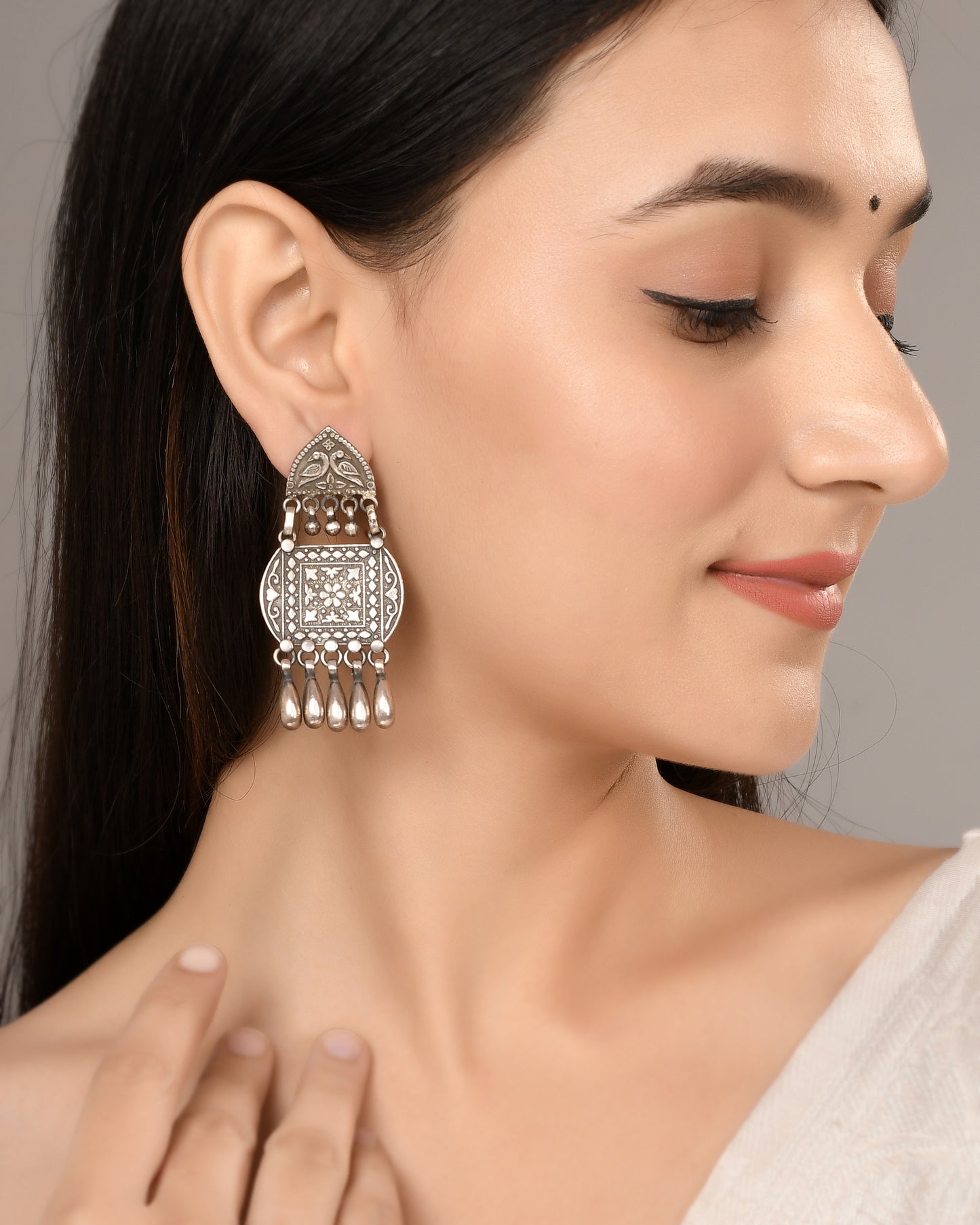 Silver Bird & Bloom Mandala Drop Earrings