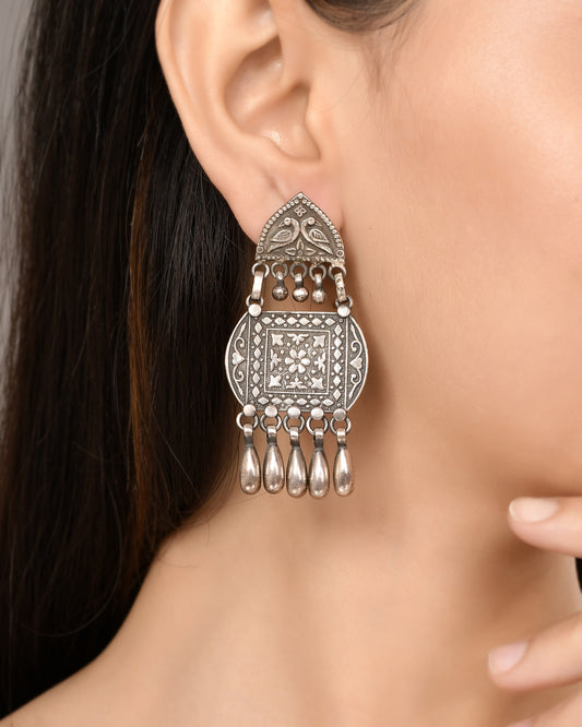 Silver Bird & Bloom Mandala Drop Earrings