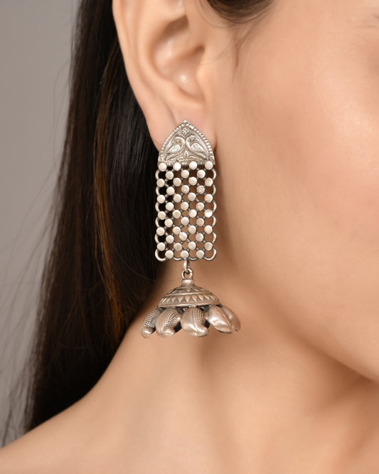 Silver Filigree Mesh Dome Tassel Earrings