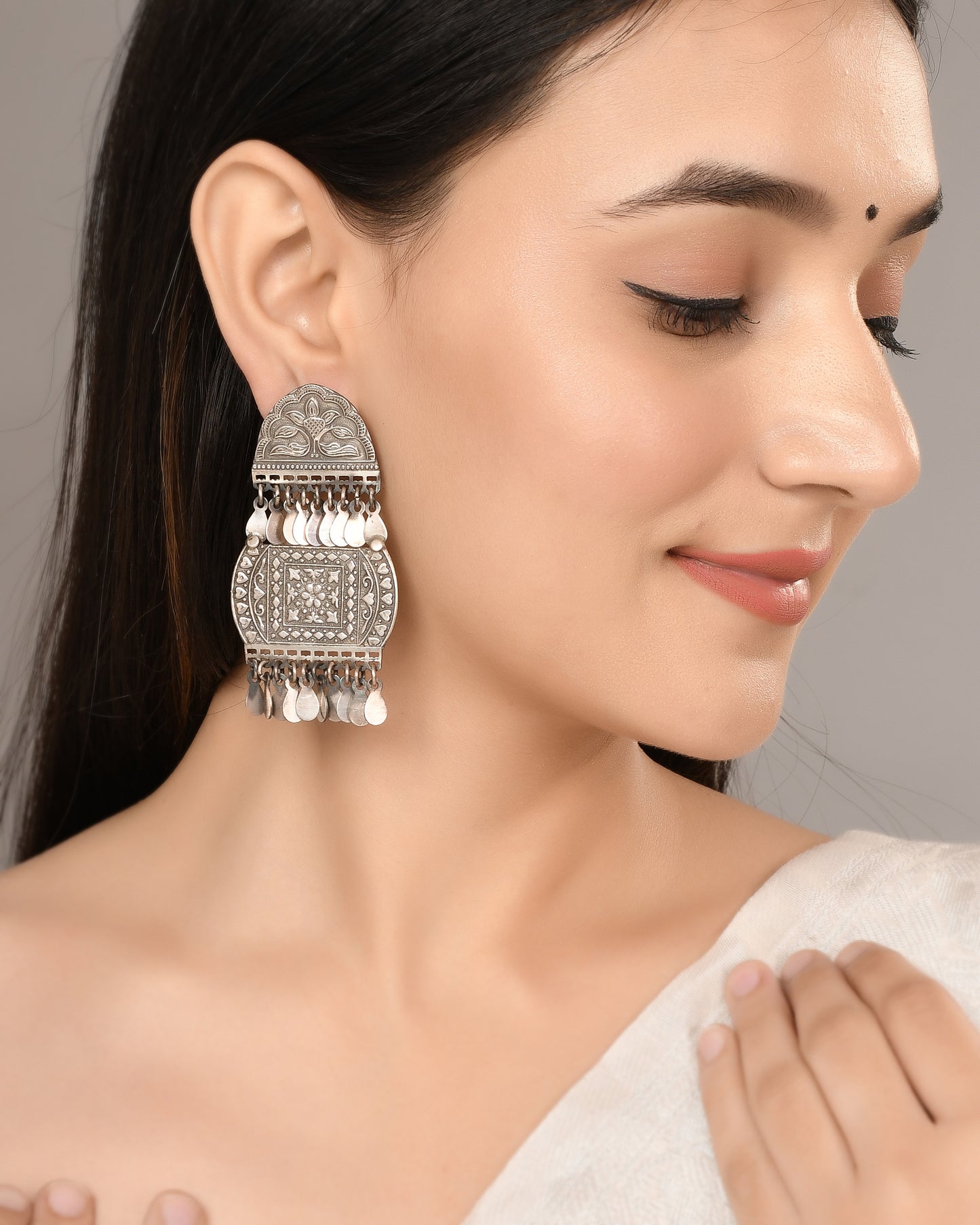 Floral Mandala Silver Jhumka Earrings
