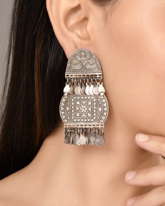 Floral Mandala Silver Jhumka Earrings