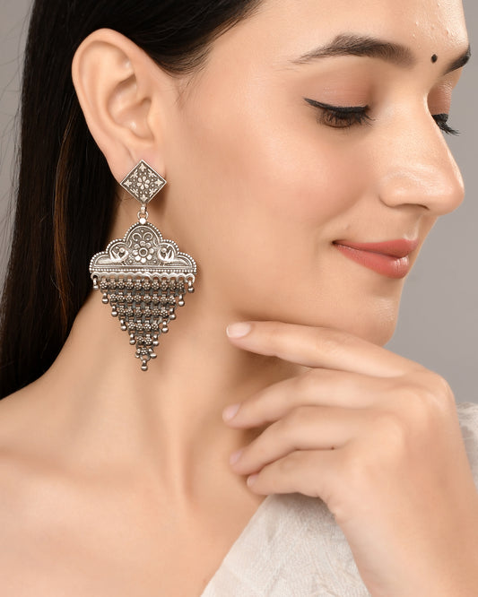 Silver Twin Bird Bloom Jhumka Earrings