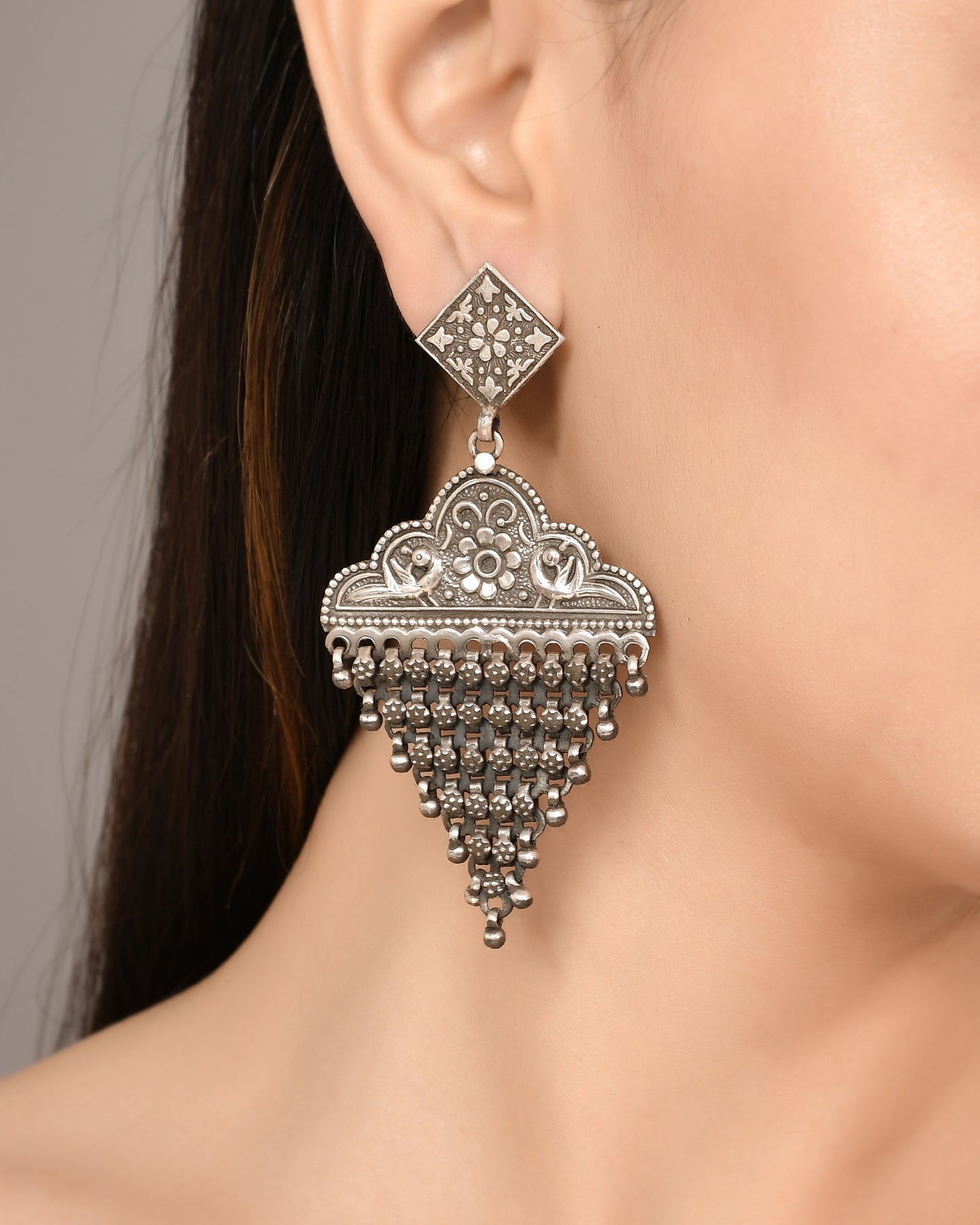 Silver Twin Bird Bloom Jhumka Earrings