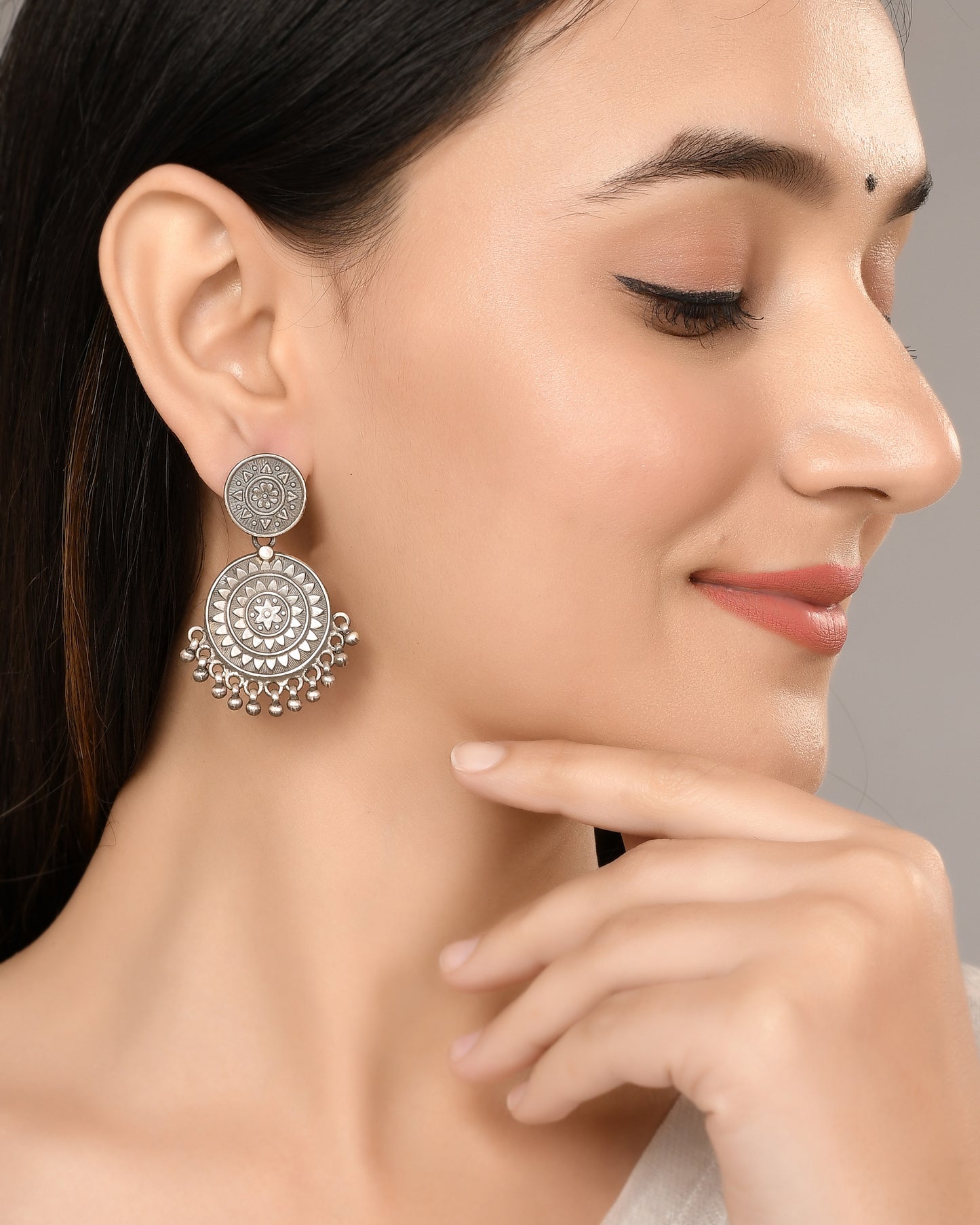 Silver Chakra Phool Drop Earrings