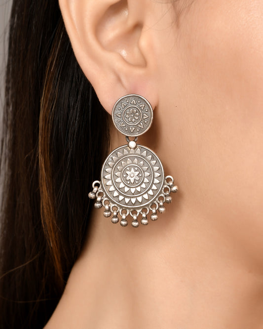 Silver Chakra Phool Drop Earrings