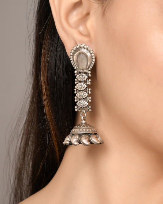 Silver Crescent Floral Bouquet Jhumka Earrings