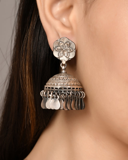 Silver Dazzling Lotus Flower Jhumka Earrings