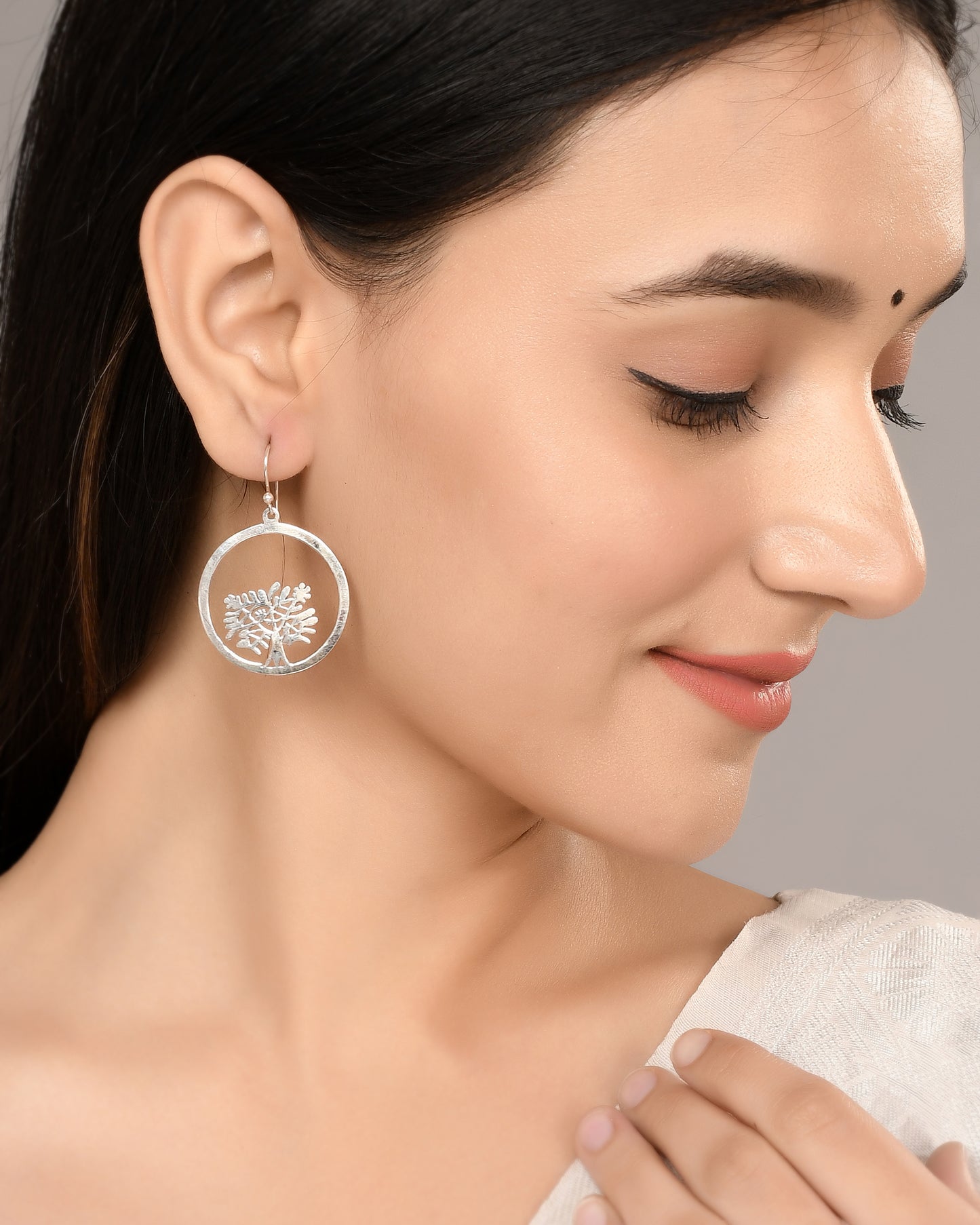 Silver Tree Hoop Dangle Earrings