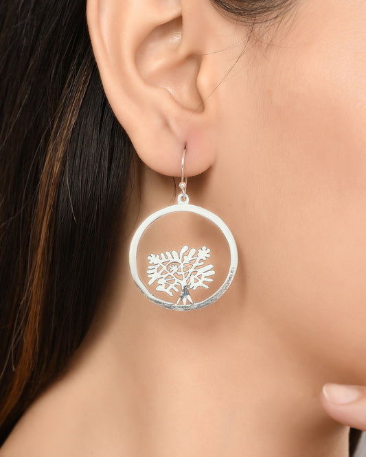 Silver Tree Hoop Dangle Earrings