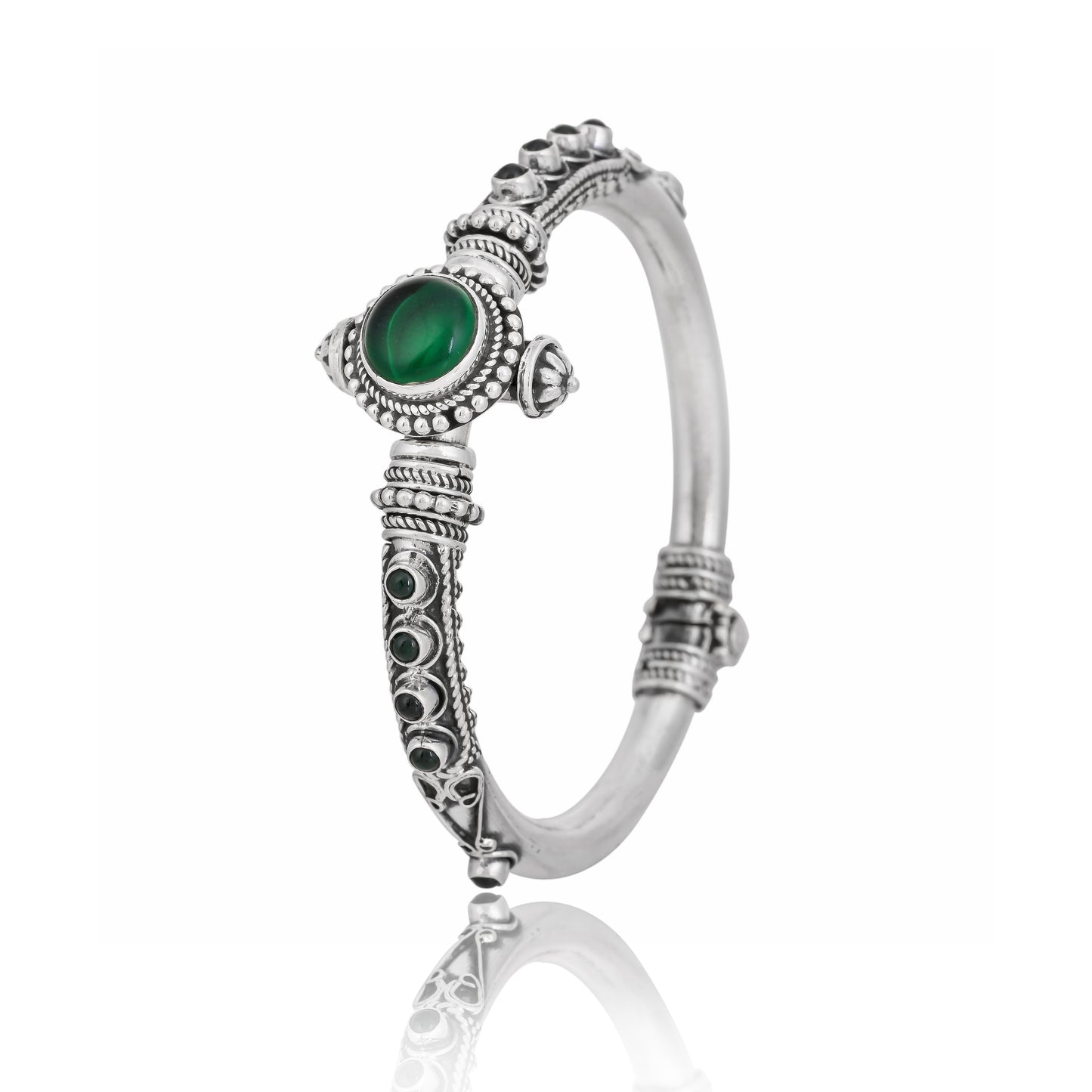 Tribal Emerald Studded Spiral Silver Kada Bangle