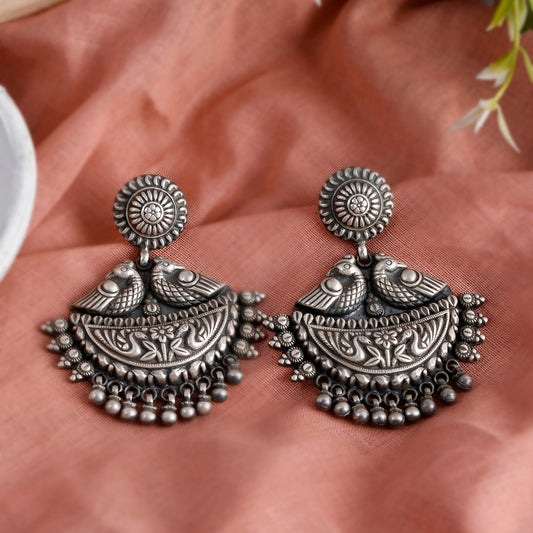 Silver Crescent Mandala Birds Jhumka Earrings