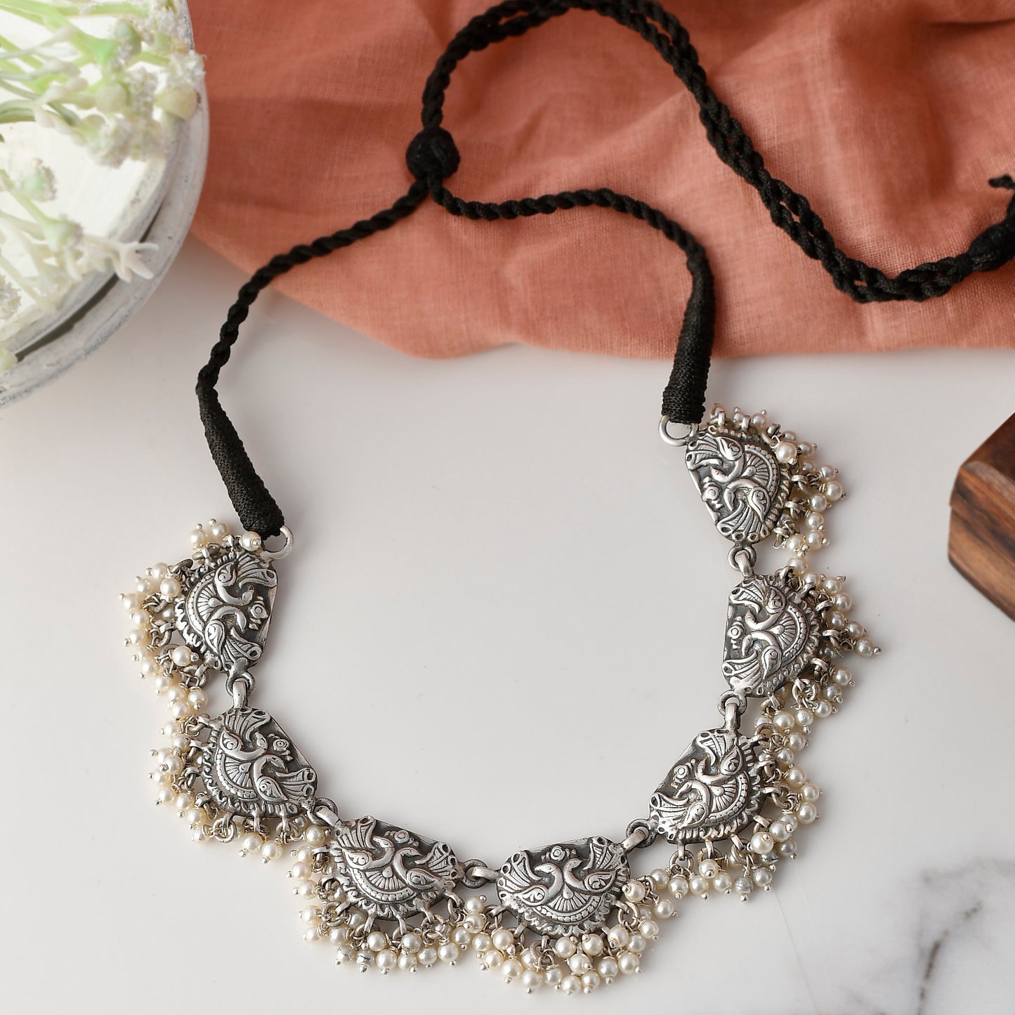 Silver Morni Choker With Punch Of Pearls