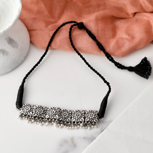 Silver Square Floral Choker Necklace