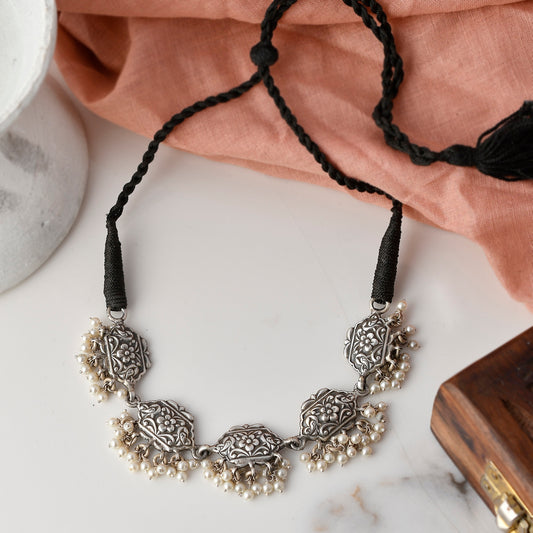 Silver Mandala With Pearl Bunch Choker/Necklace