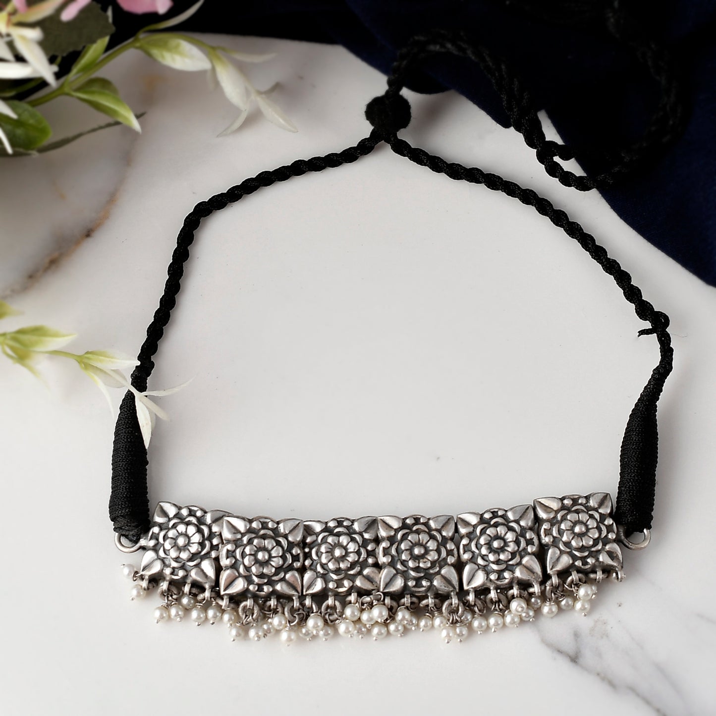 Silver Square Floral Choker Necklace