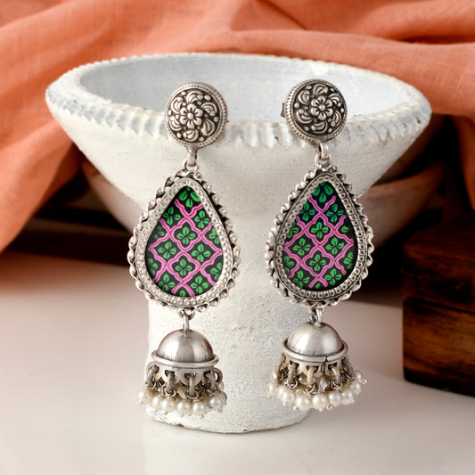 Silver Mandala And Hasthkala Art Jhumka Earrings