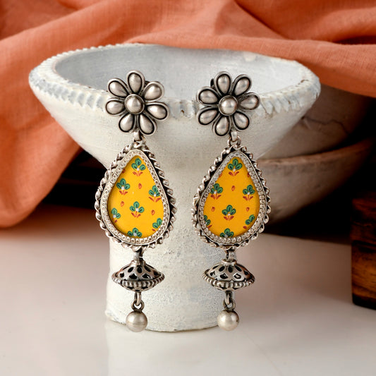 Silver Flower And Hasthkala Art Jhumka Earrings