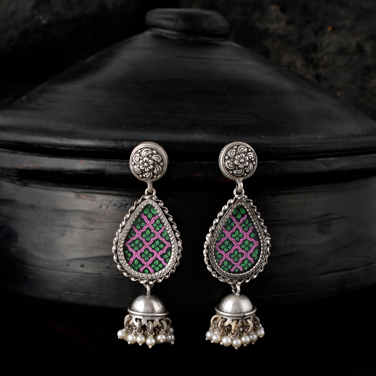 Silver Mandala And Hasthkala Art Jhumka Earrings