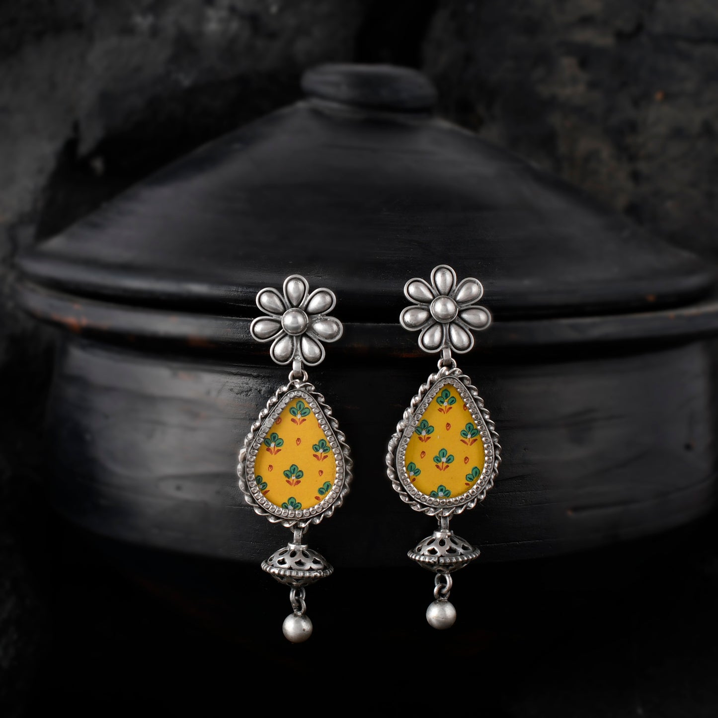 Silver Flower And Hasthkala Art Jhumka Earrings