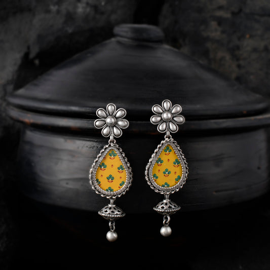 Silver Flower And Hasthkala Art Jhumka Earrings