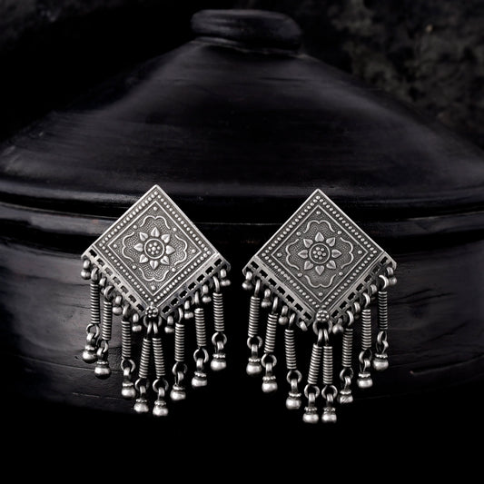 Silver Floral Square Chime Jhumka Earrings