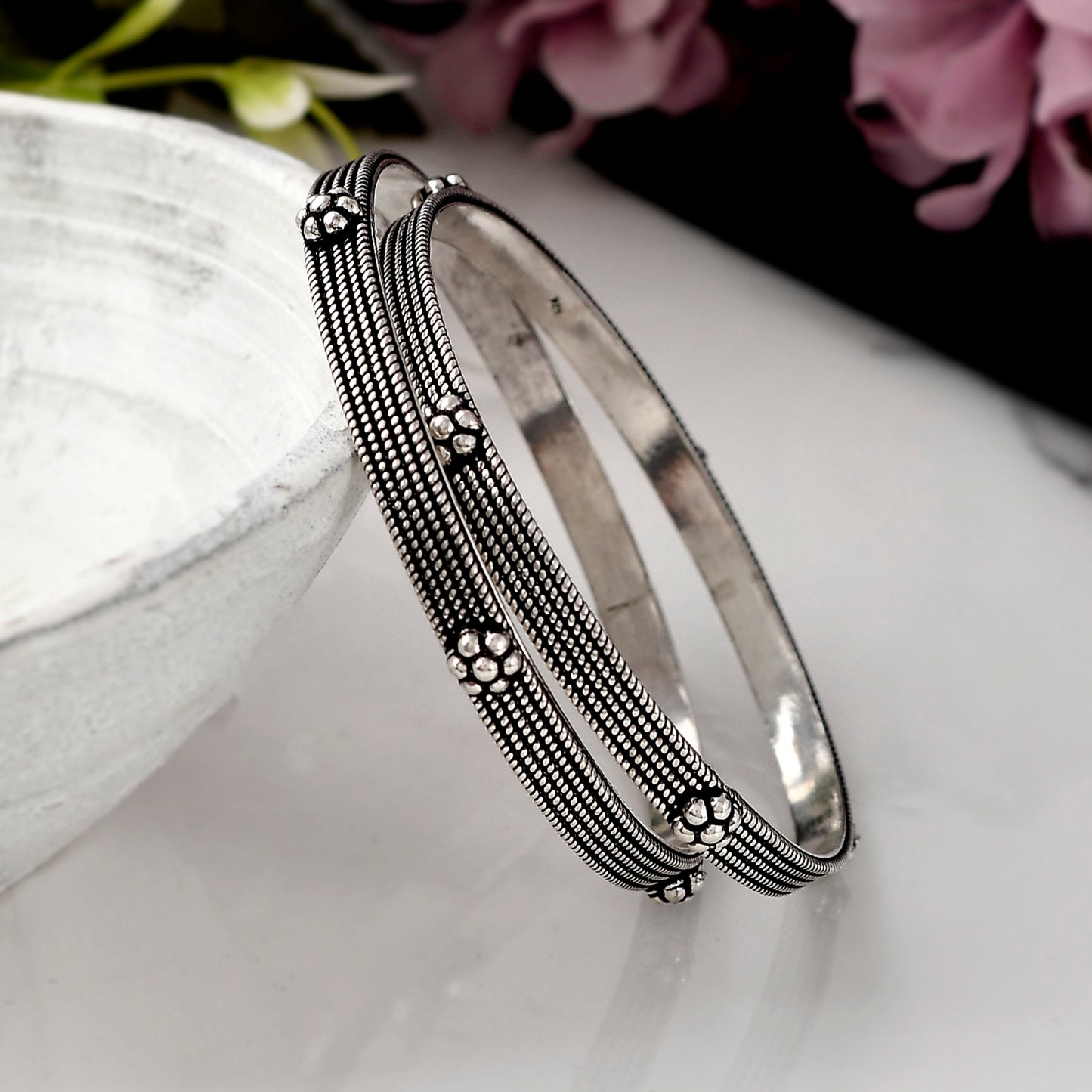 Silver Simple Floral Bangle( Pair)