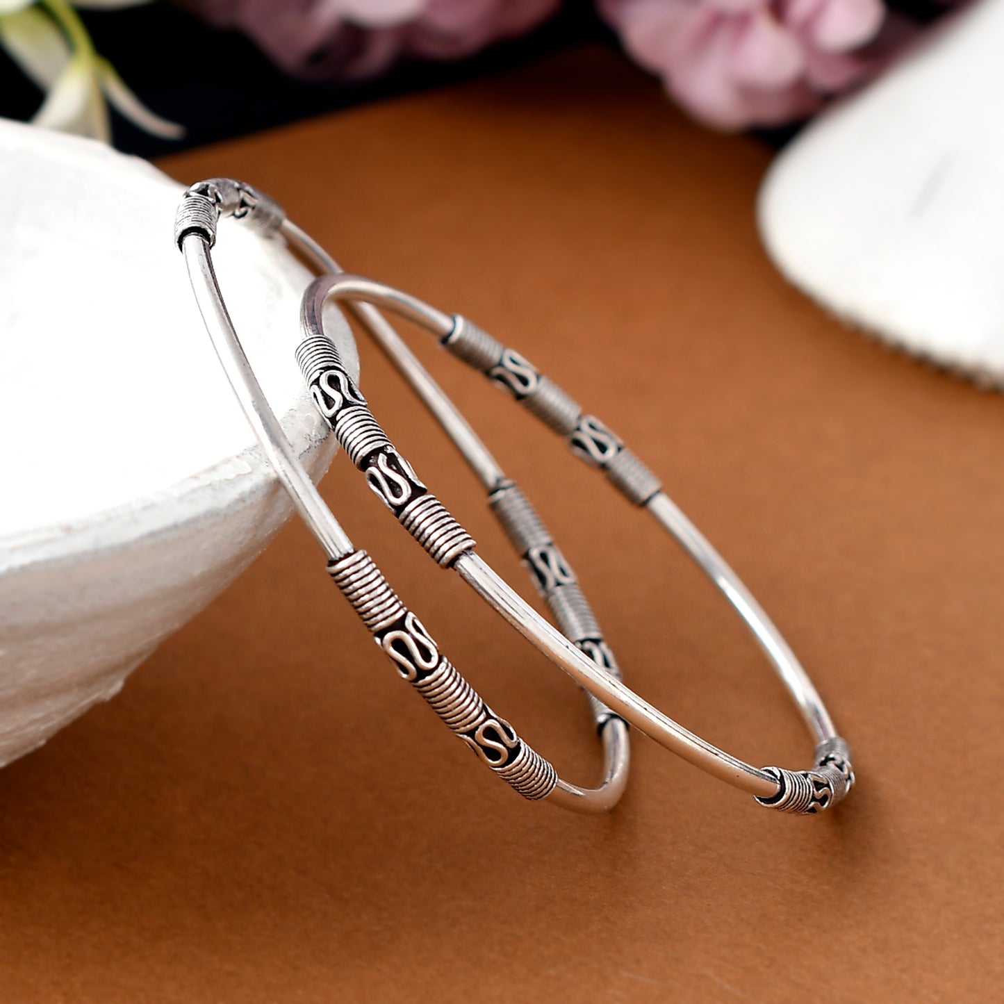 Silver Wave And Spiral Bangles( Pair)