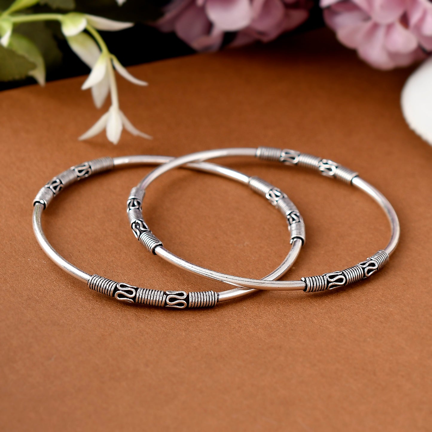 Silver Wave And Spiral Bangles( Pair)