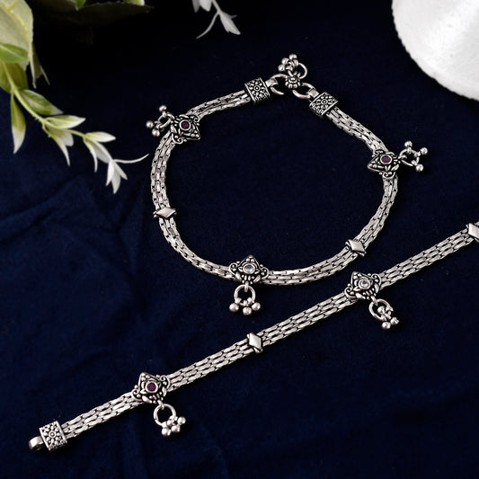 Silver Tribal Ruby And Zircon Link Chain Anklet( Pair)