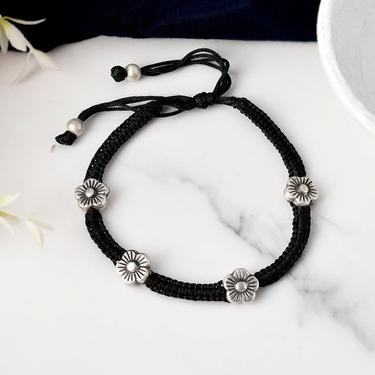 Silver Flower Button Nazarbattu Anklet