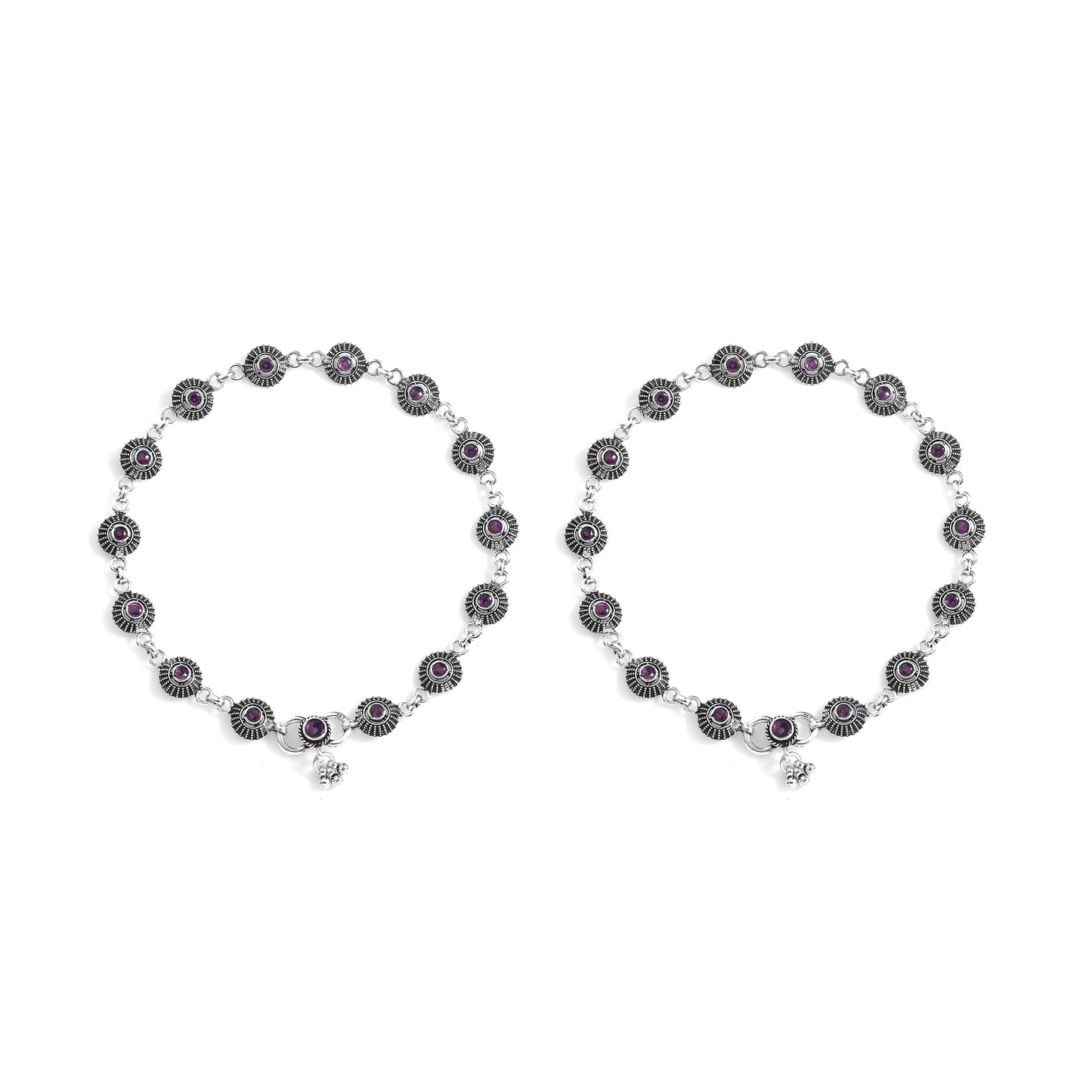 Silver Tribal Flower Cut Stone Link Anklet( Pair)