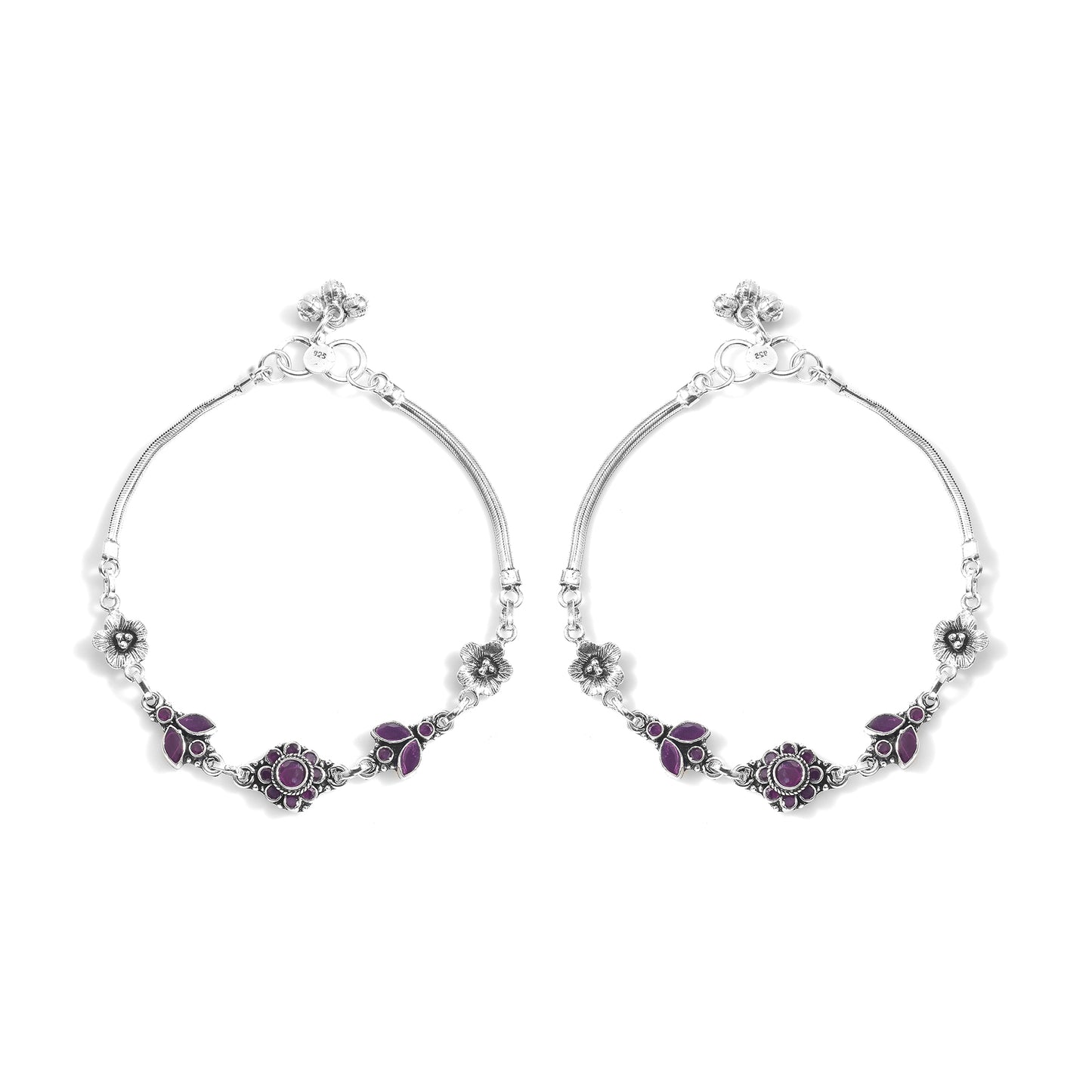 Silver Royal Gulabi Petal Cut Stone Anklet (Pair)