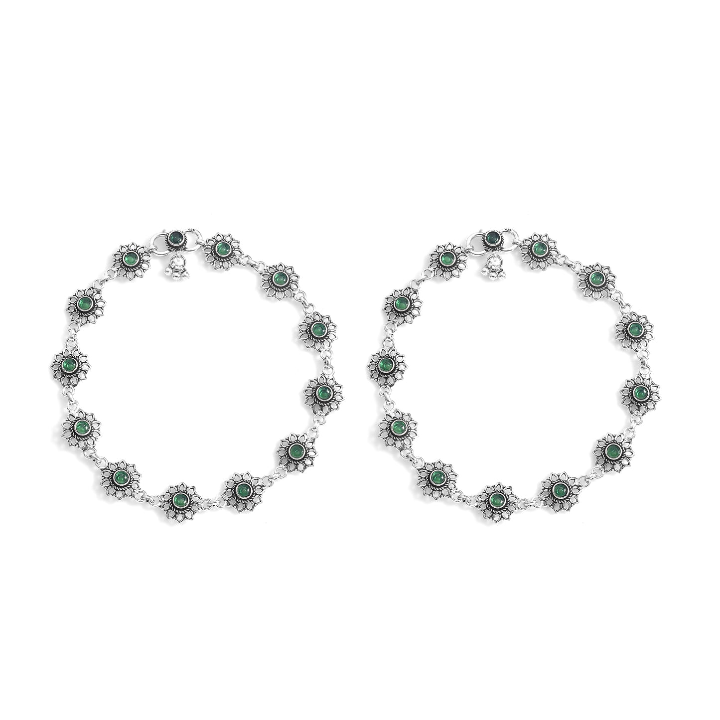 Silver Emerald Bloom Cut Stone Anklet (Pair)
