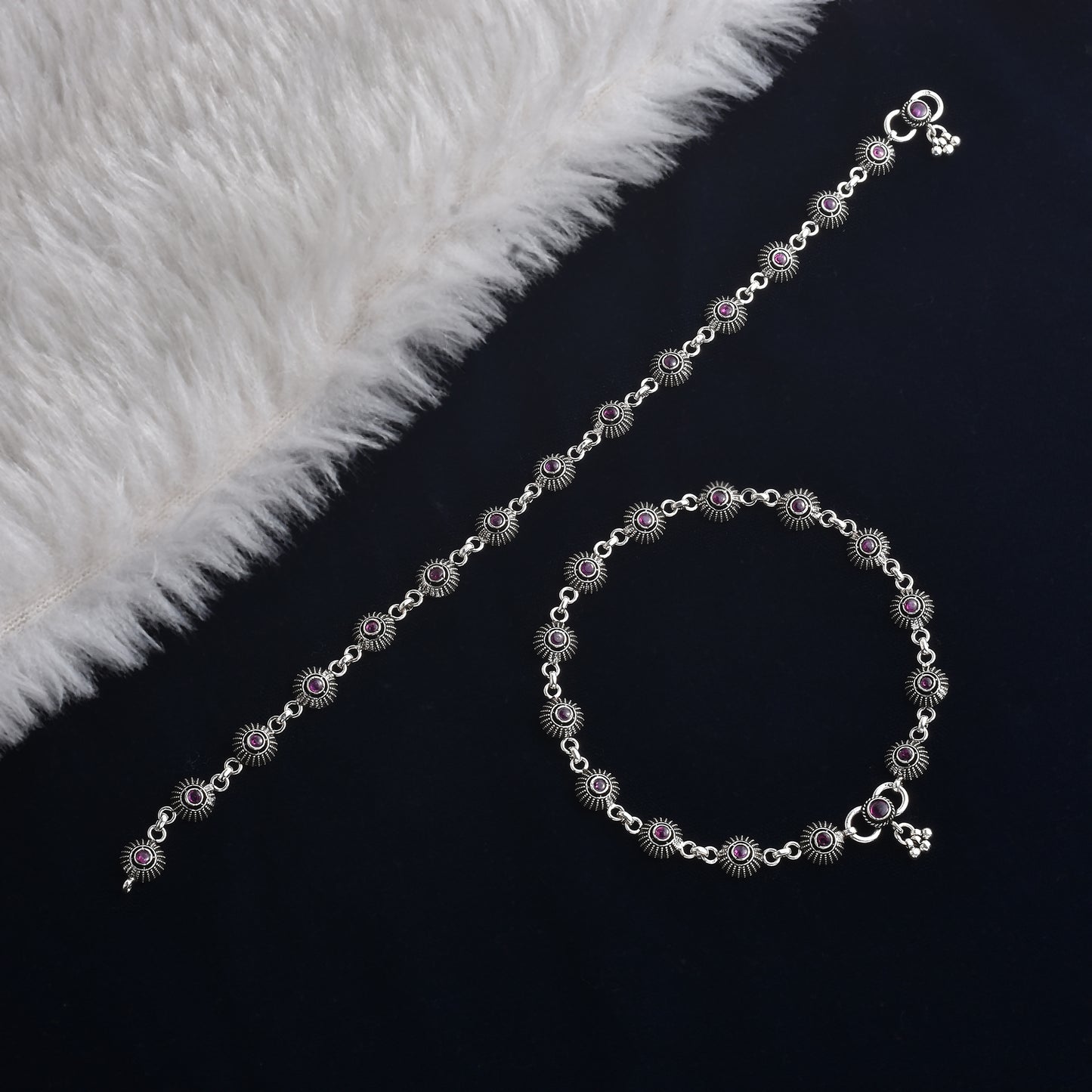 Silver Tribal Flower Cut Stone Link Anklet( Pair)