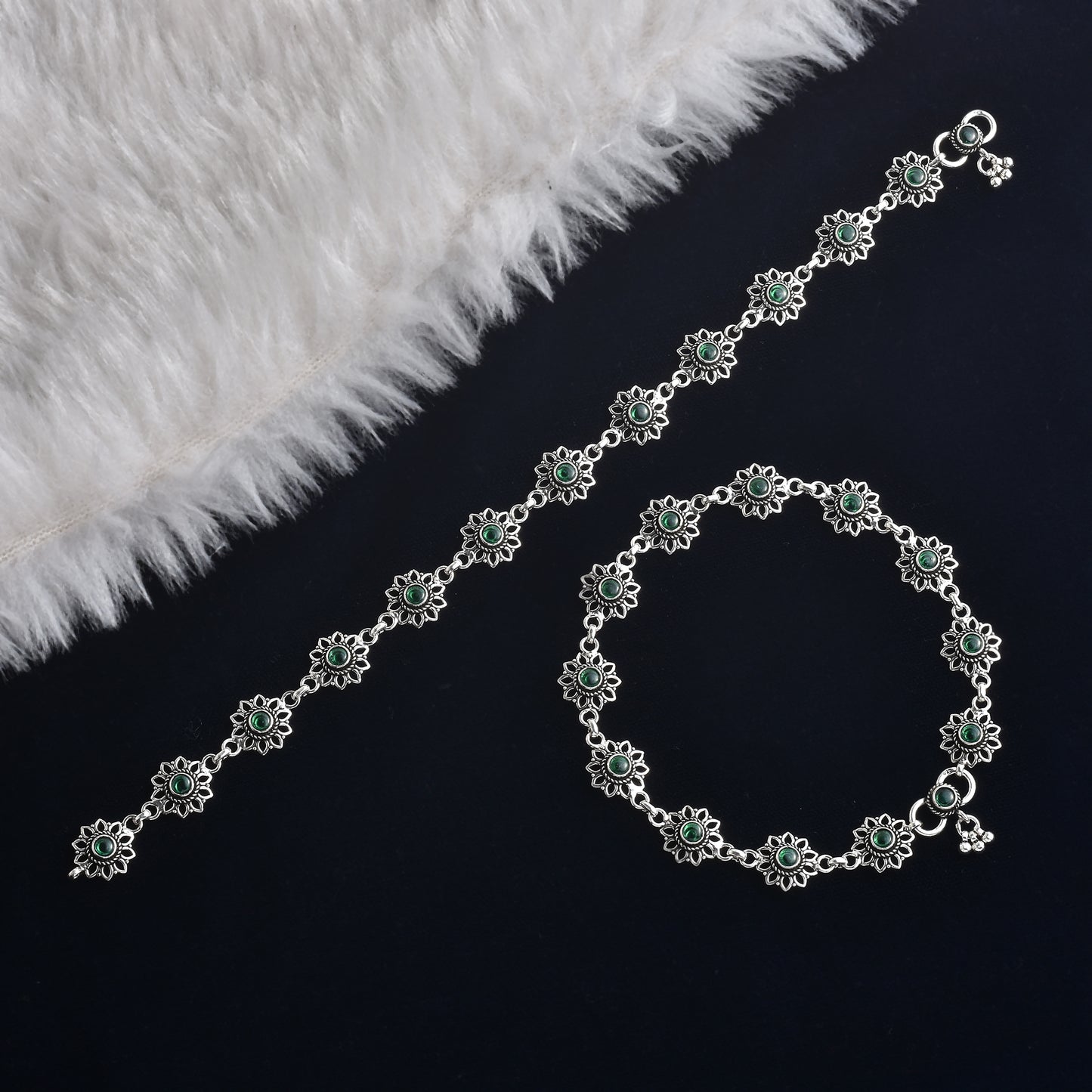 Silver Emerald Bloom Cut Stone Anklet (Pair)