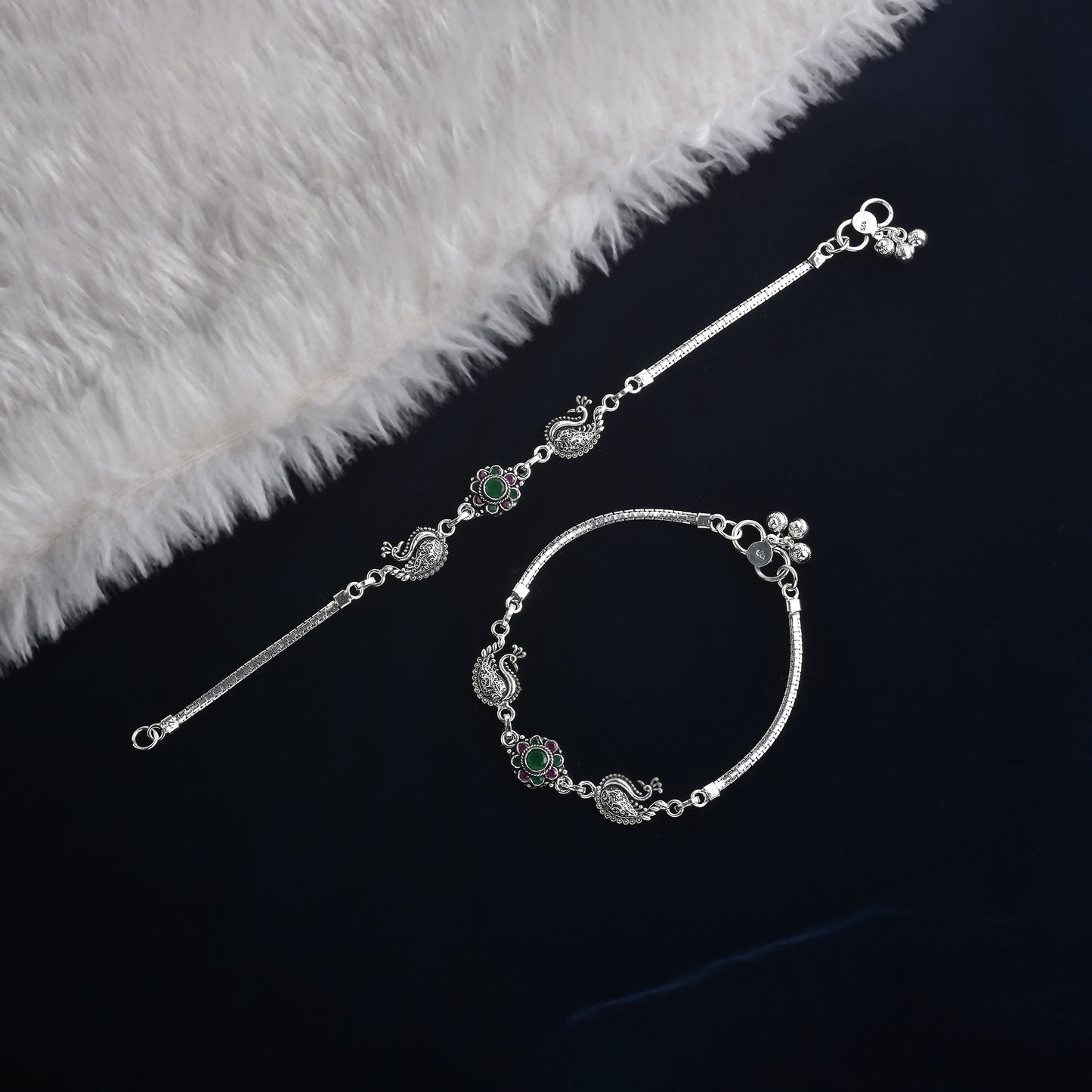 Silver Peacock And Flower Cut Stone Anklet( Pair)