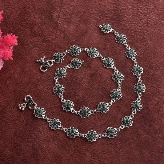 Silver Emerald Bloom Cut Stone Anklet (Pair)